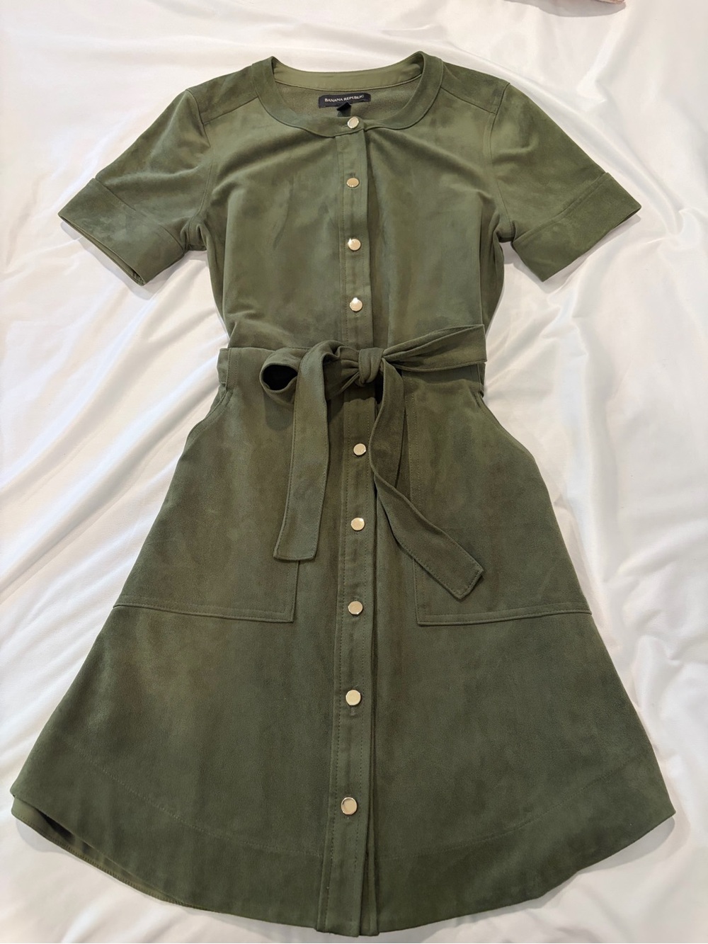 Banana Republic Olive Green Short-Sleeve Button Front Belted Dress